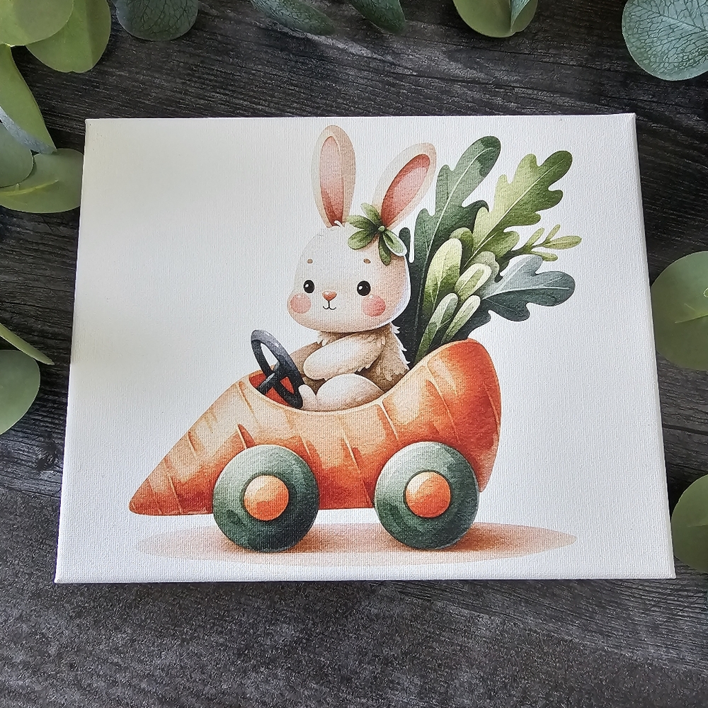 Bunny with Carrot Car Canvas Art